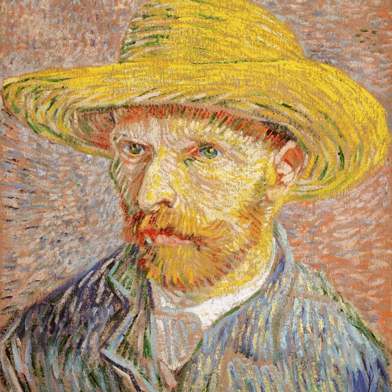 Self Portrait with a Straw hat (1887) by Vincent Van Gogh on Wood Canvas